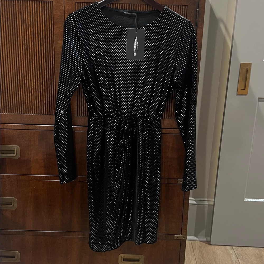 PrettyLittleThing Black Dress with Silver Dots- Faux wrap